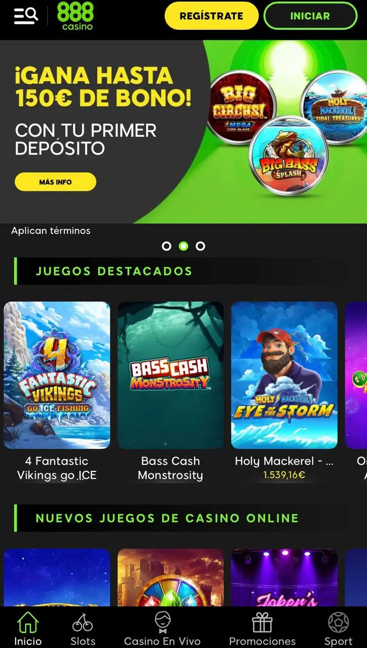 Pantalla principal de 888 Casino en móvil