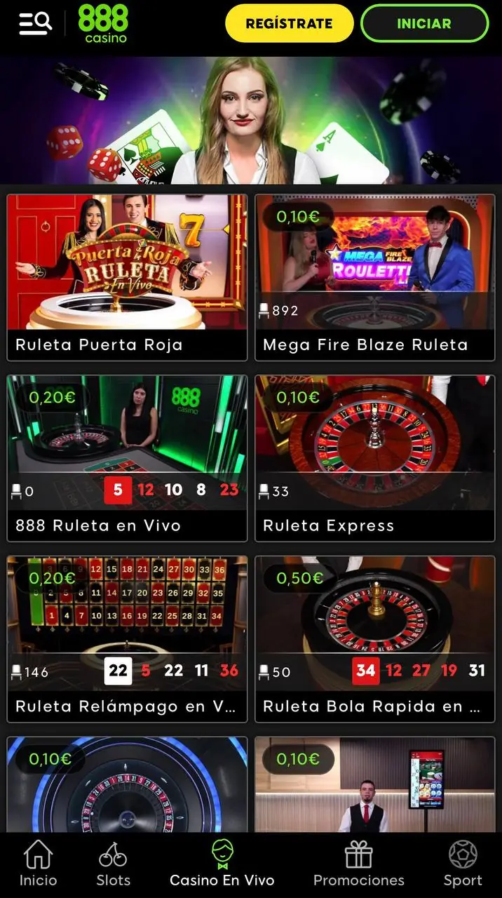 Pantalla de Casino en Vivo de 888 Casino en móvil