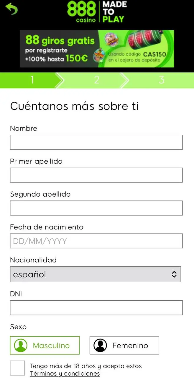 Formulario de registro en 888 Casino en móvil