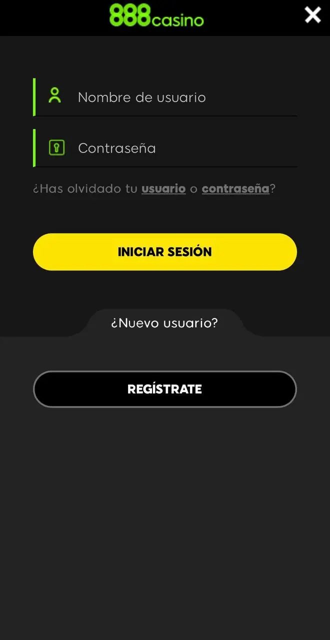 Pantalla de inicio de sesión de 888 Casino en móvil